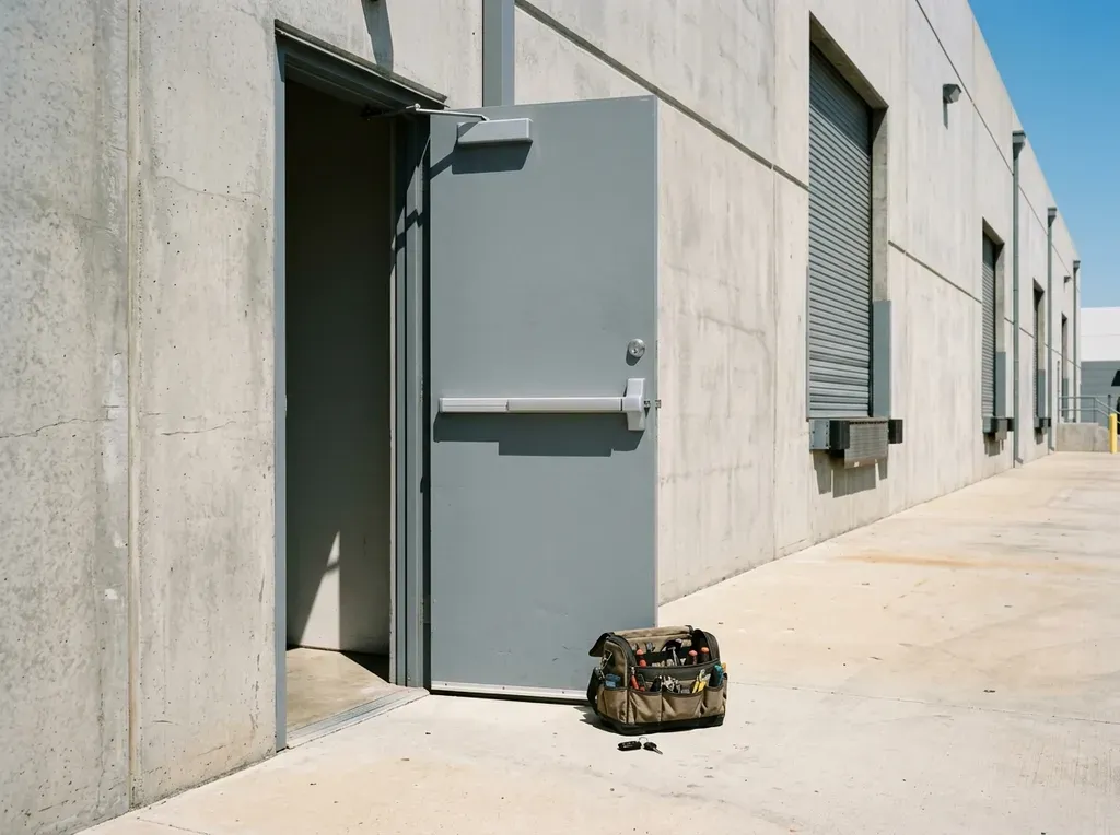 Rear steel man-door with a panic bar on a tilt-up building in San Marcos Business Park, dock doors behind