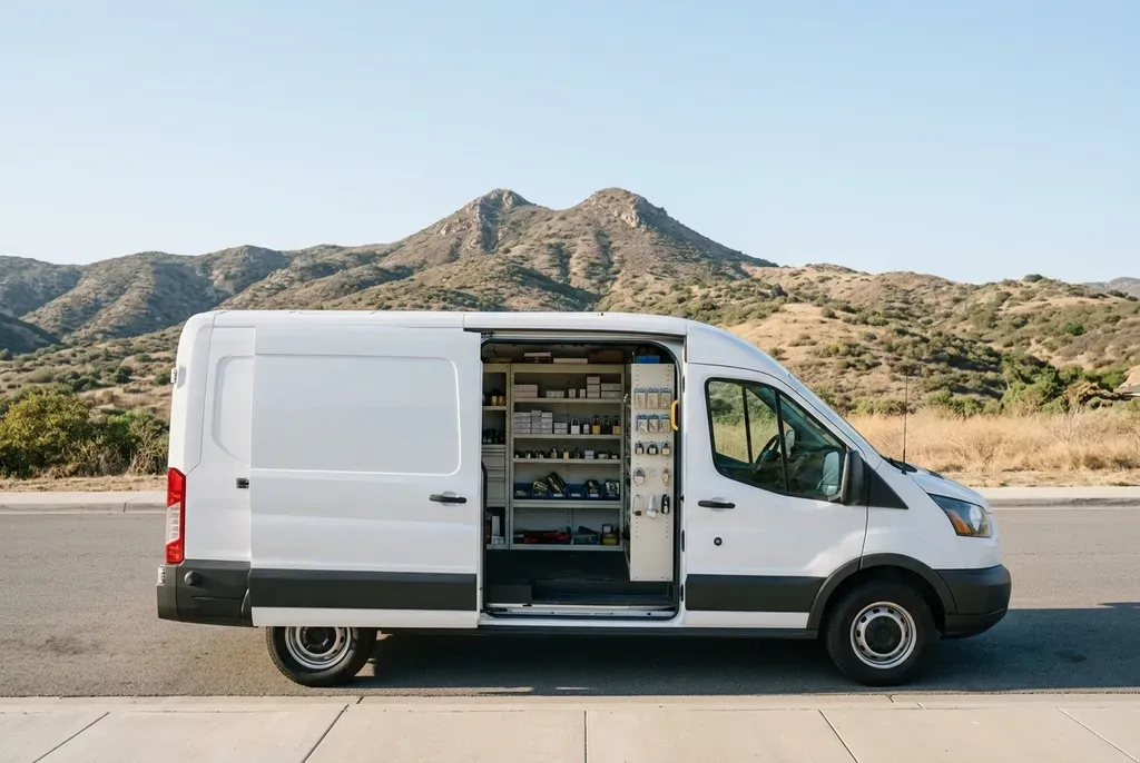Double Peak Key Co. service van, side door open to the lock hardware shelves, Cerro de las Posas hills behind